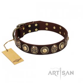 "Caribbean Treasures" FDT Artisan Brown Leather Dog Collar with Old-Bronze-like Conchos and Medallions with Skulls "Caribbean Treasures" FDT Artisan Brown Leather Dog Collar with Old-Bronze-like Conchos and Medallions with Skulls