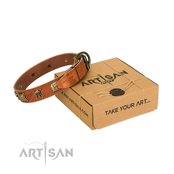 Top notch natural leather dog collar with corrosion proof decorations