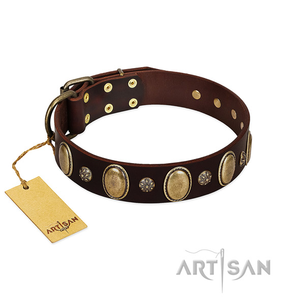 Daily walking soft to touch full grain genuine leather dog collar with studs