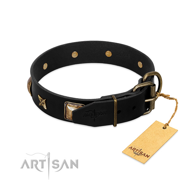 Strong hardware on natural genuine leather collar for walking your canine