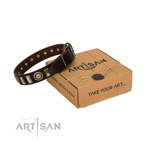 Top notch full grain natural leather dog collar with rust resistant traditional buckle