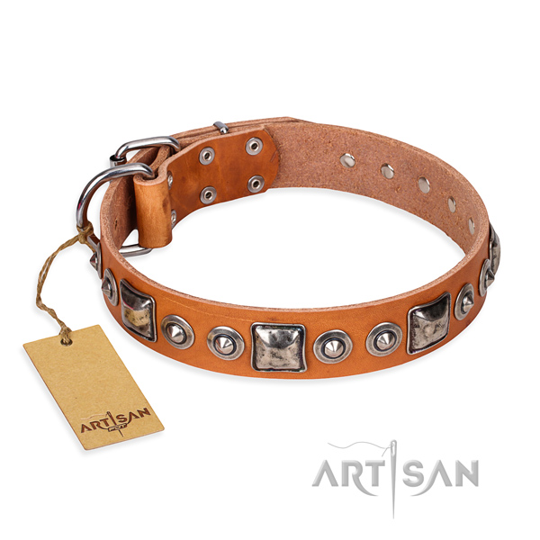 Natural genuine leather dog collar made of soft material with rust resistant buckle