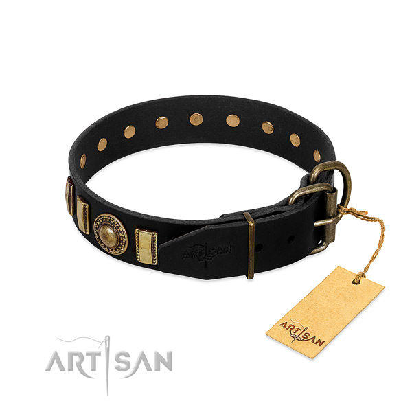 Flexible genuine leather dog collar with embellishments