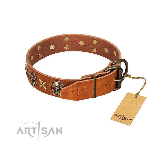 Full grain leather dog collar with corrosion resistant buckle and decorations