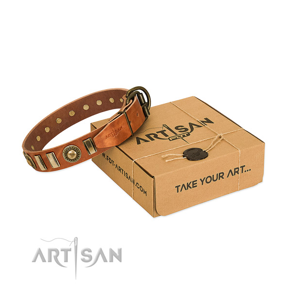Gentle to touch genuine leather dog collar with reliable D-ring