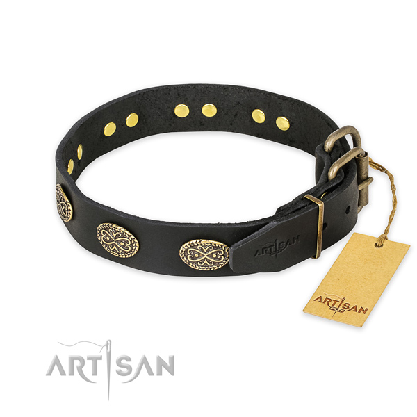 Corrosion proof traditional buckle on full grain natural leather collar for your impressive canine