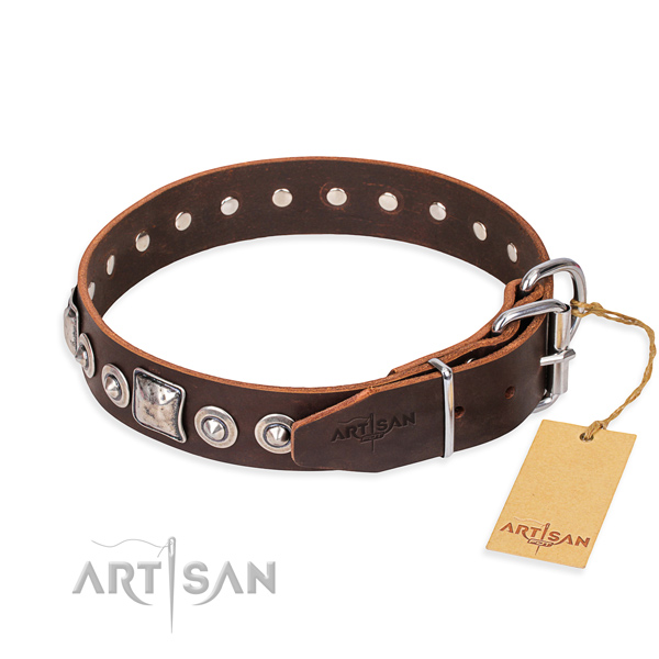 Full grain leather dog collar made of quality material with corrosion resistant decorations