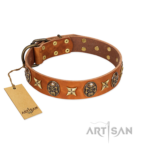 Decorated natural genuine leather collar for your four-legged friend