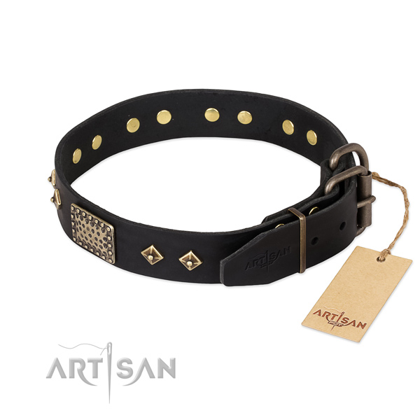 Genuine leather dog collar with durable D-ring and adornments