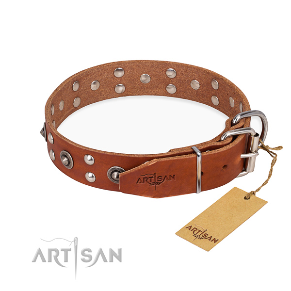Durable D-ring on full grain genuine leather collar for your handsome four-legged friend
