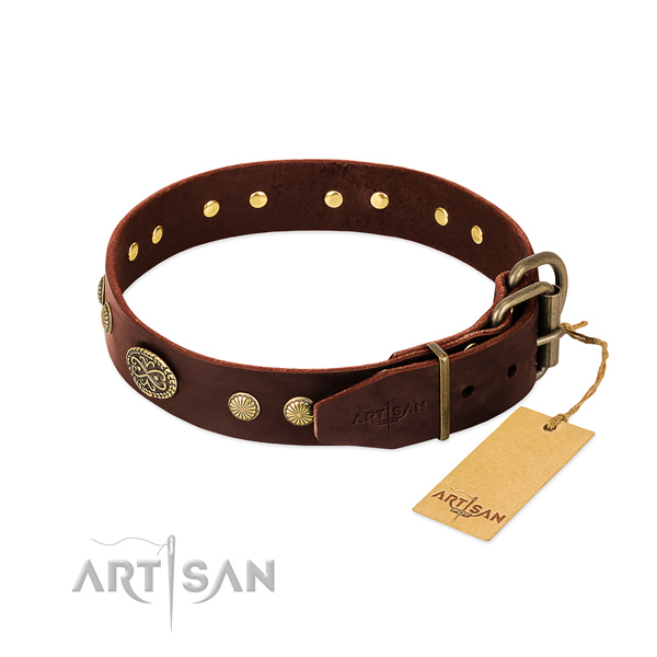 Strong D-ring on full grain genuine leather dog collar for your four-legged friend