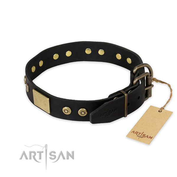 Durable hardware on full grain natural leather collar for everyday walking your pet
