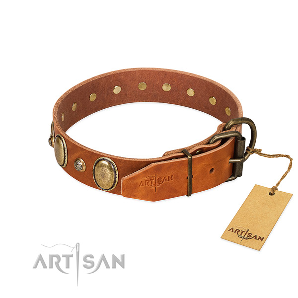 Top notch genuine leather dog collar with rust resistant buckle