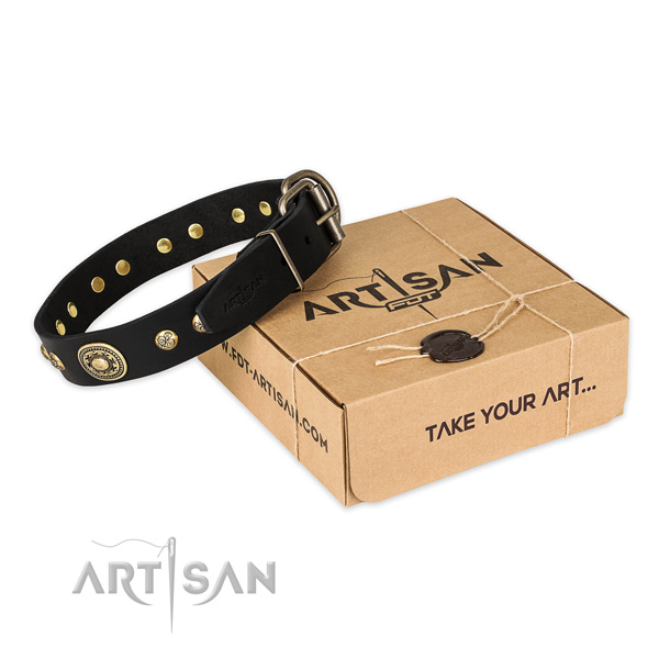 Rust-proof traditional buckle on full grain genuine leather dog collar for handy use