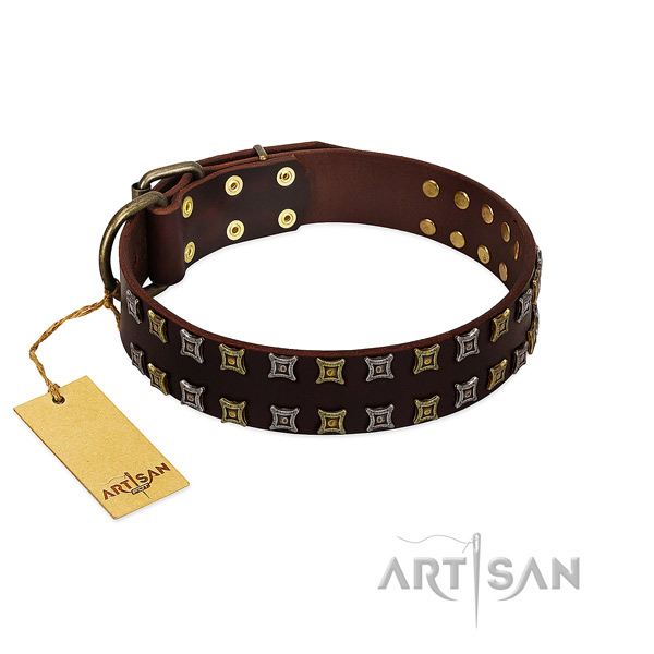 Flexible full grain natural leather dog collar with embellishments for your doggie