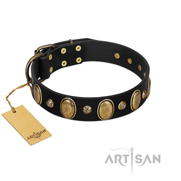 Leather dog collar of flexible material with designer adornments