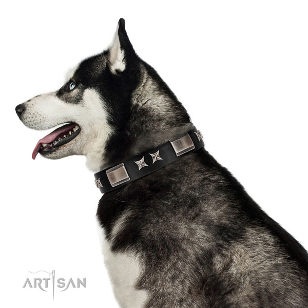 Handy use soft natural leather dog collar with decorations