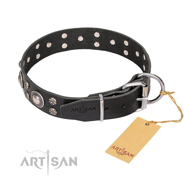 Genuine leather dog collar with smoothly polished leather strap