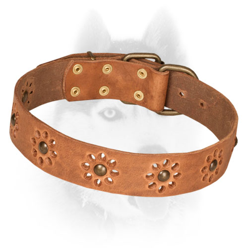 Leather Dog Collar with Flower Decor