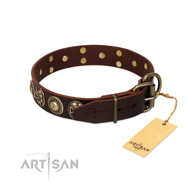 Walking full grain genuine leather collar with decorations for your dog